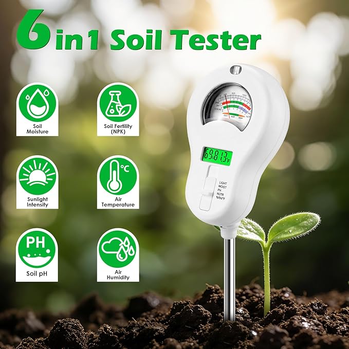 6-in-1 Soil Test Kit with 3 Replaceable Probes, Soil Tester for Gardening, Plant Water Meter, Soil pH Tester for Soil Fertilizer, Sunlight & LCD Display Air Temperature Humidity Sensor