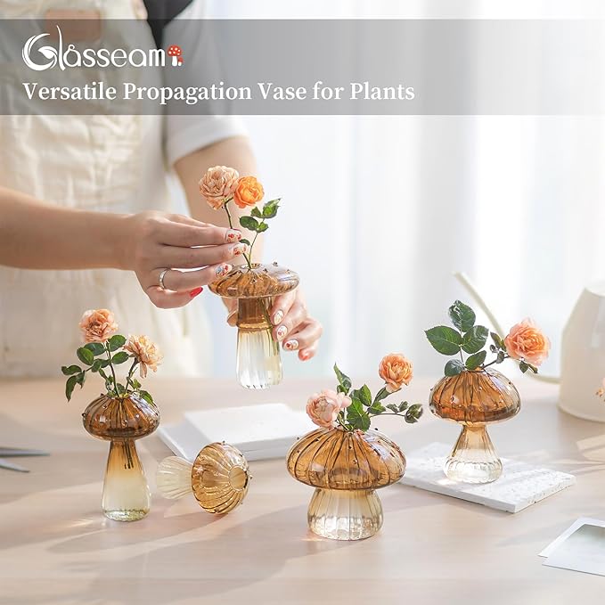 Glasseam Amber Glass Mushroom Vase: Cute Small Flower Vase Set of 10 Unique Mini Bud Vases for Centerpieces Decorative Vases for Flowers Funky Plant Vase Decor