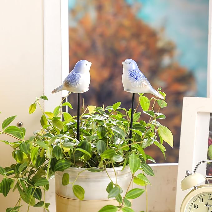Sosation 2 Pcs Miniature Bird Decorative Stakes Ceramic Bird Figurines Cute Decorative Garden Stakes Mini Animal Garden Decoration for Fairy House Bonsai Indoor Outdoor Lawn Pathway Patio Ornaments