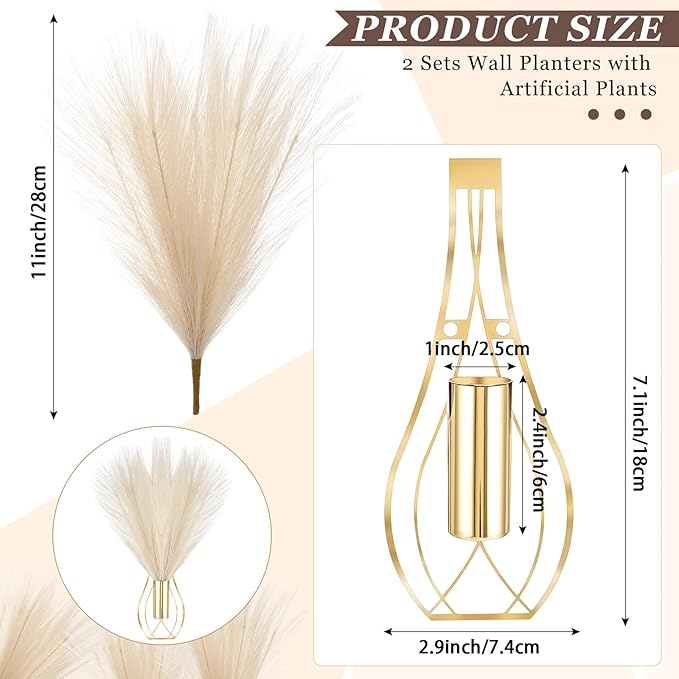 Otoolling 2 Pieces Hanging Plant Wall Decor with Artificial Pampas Grass Metal Hanging Vase Modern Geometric Farmhouse Bohemian Wall Art for Living Room Bedroom Kitchen Office(Gold, Beige)
