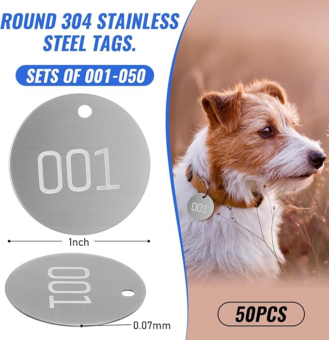 Round Tag 1-1/4 Inch Small Circle Metal Tags Number Options 001-050 Stamping Tag with Hole for Pets, Plants, Doors (100 Pieces)
