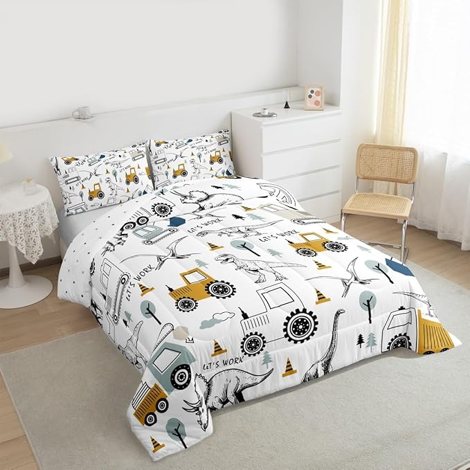 Feelyou Construction Comforter Set Queen Size Kids Cartoon Car Excavator Tractor Toddler Comforter Equipment Trucks Dinosaur Comforter Set Construction Vehicles White Yellow Duvet Set Quilt Set