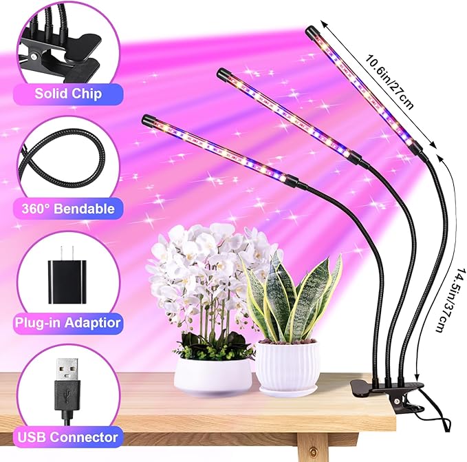 Black 3-Tube Clip-On Grow Light with Red/Blue/Yellow LEDs, Full Spectrum, 6/12/16H Timer, 3 Modes & 10 Dimmable Levels, for Indoor Plants & Seed Starting (1 Pack)