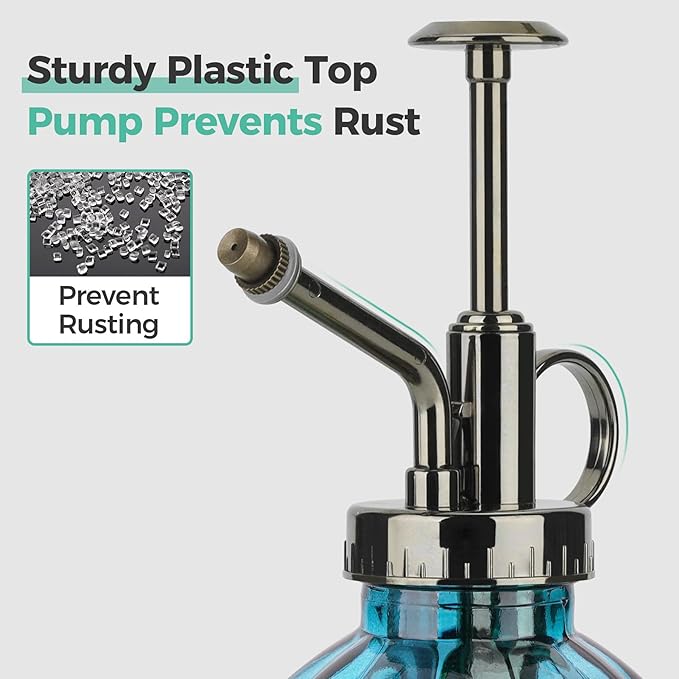 T4U Glass Plant Mister 200ML, Vintage Spray Bottle with Top Pump Fine Mist Flower Garden Sprayer Small Decorative Spritzer Watering Can Gift for Indoor Outdoor Succulent House Plant (Blue)