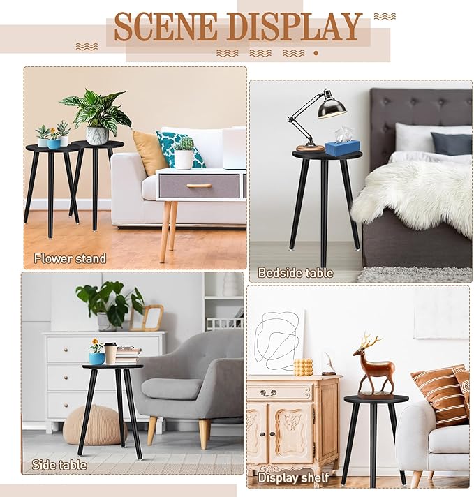 Briwooody 2 Pcs Wood Plant Stands Indoor Wooden Stool for Plants Mid Century Vintage Modern Flower Pots Holder Round Side Table End Table Plant Stools for Living Room Corner Balcony Decor(Black)
