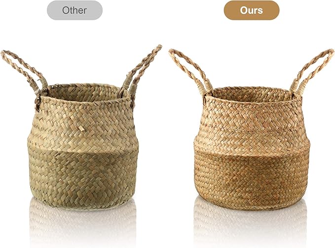 Patelai 3 Set Seagrass Belly Storage Basket Woven Plant Pot Holder with Handles for Plants Picnic Grocery Laundry(Natural Color)