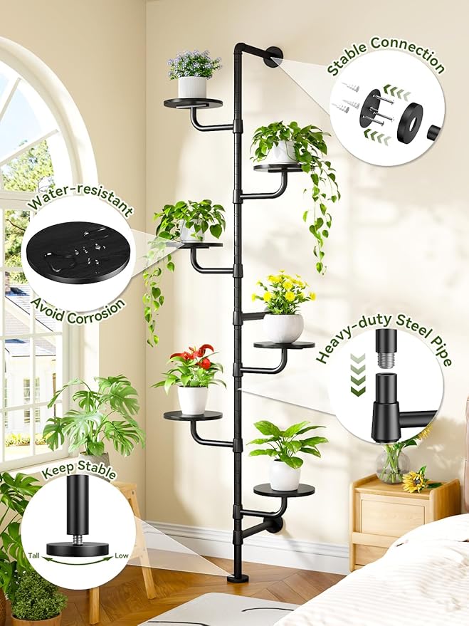 Plant Stand Indoor, 6-Tier Plant Shelf, Tall Wall Mounted Metal Pole & Rotating Wooden Board Plant Holder for French Window, Corner, Home Decor - C5 Black