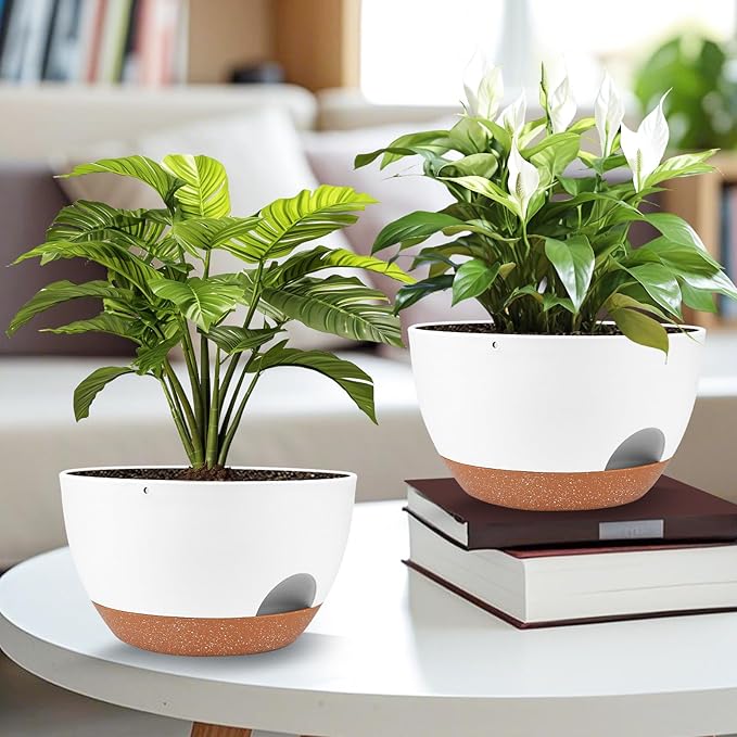 Vanslogreen Plant Pots 12inch Self Watering Pots, Set of 2 Plastic Planters with Drainage Holes and Saucers, Flower Pots for Indoor Outdoor Plants (White)