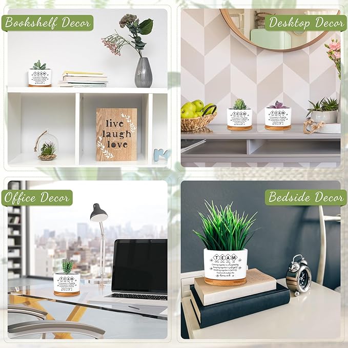 12 Pcs Employee Appreciation Inspirational Succulent Pots Gifts Bulk for Women Coworker Teacher Small Ceramic Plant Pots with Bamboo Trays for Office Staff Group Graduation(Team)