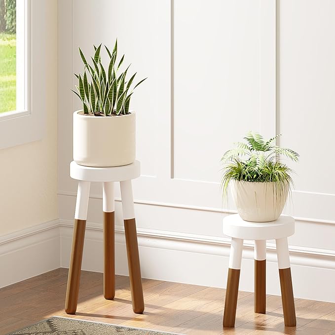 LitaEther Reverse Dipped Wood Plant Stand, Wood Accent Stool,Milking Stool Set (16" H x 12" D+18" H x 12" D)