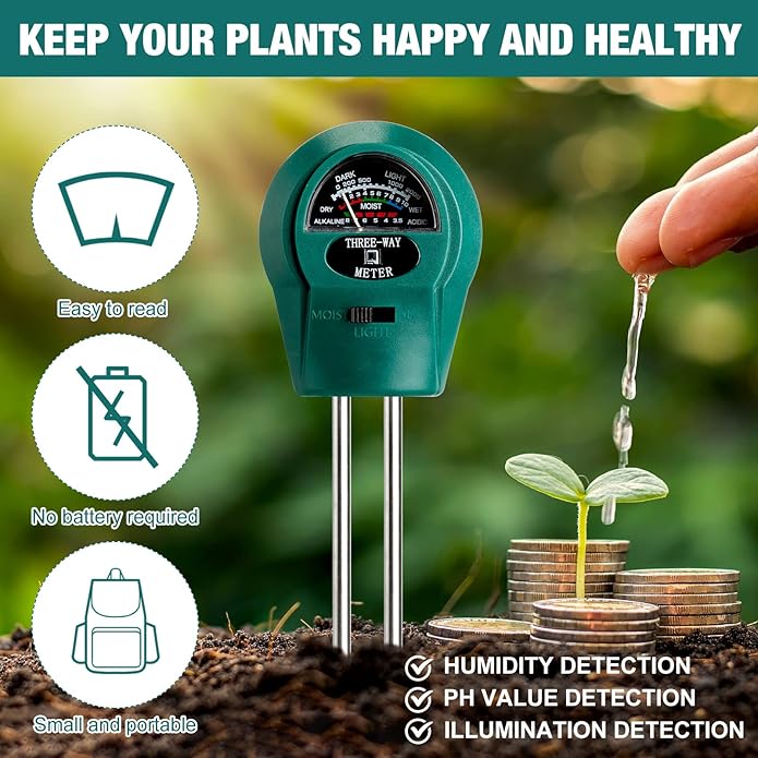 Sherr 4 Pieces Plant Moisture Meter 3 in 1 Soil Moisture Meter for House Plants pH Tester Moisture Monitor for Gardening Indoor Outdoor Lawn Patio Farm Plants, No Battery Required