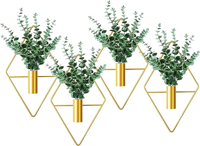 2 Pack Gold Wall Decor Hanging Planters with Artificial Plants Metal Hanging Vase Indoor Plants Holder Modern Boho Wall Art for Bathroom Bedroom Living Room Office (Gold, Eucalyptus)
