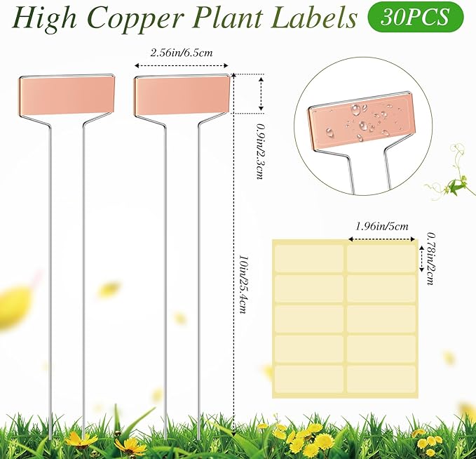 Moxweyeni 61 Pieces Metal Plant Tags Kit 30 Pieces Copper Metal Plant Labels 30 Rainproof Pet Films 1 Marker Pen Reusable Planting Garden Markers Nursery Tags (T Shape)