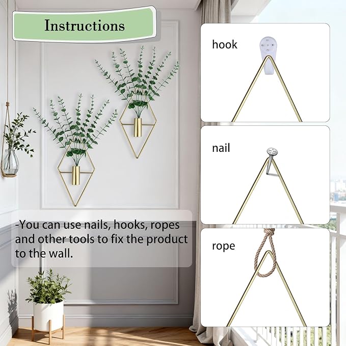 GREENTIME 2 Pack Hanging Plants Faux Eucalyptus with Gold Diamond Metal Hanging Vase for Teacher Appreciation Living Room Bedroom Boho Kitche Wall Shelf Outdoor