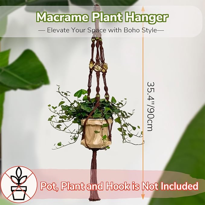 Nomylunota Macrame Plant Hanger with Boho Beads Handmade Hanging Planter Crochet Plant Holder(35.4 inches,Green & Brown & Black)