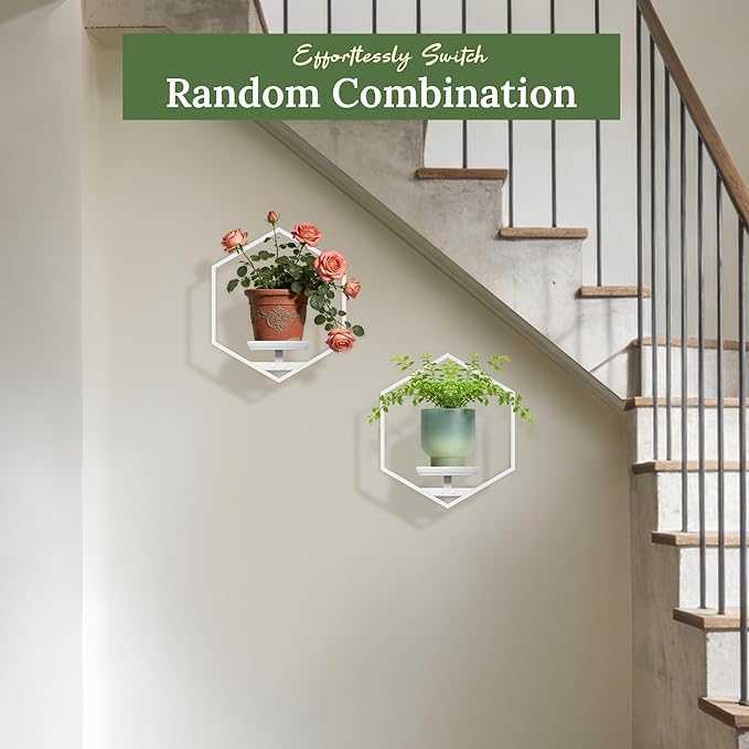 BXF Hexagon Floating Frame Plant Stand - 2 Pack Metal Wall Mounted Planters - Minimalist Geometric Hanging Decor for Indoor Succulents & Air Plants,White