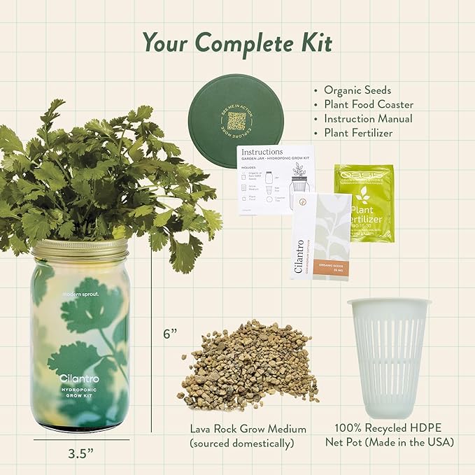 Modern Sprout Mason Garden Jar - Self-Watering Hydroponics Growing System Kit with Organic Herb Seeds - Jar Planter for Indoor Herb Garden - Seed Starter Kit - Home Decor & Gifting - Cilantro