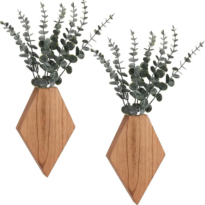 Chunful 2 Pcs Wooden Wall Planter Decor Hanging Fake Plants Greenery Flowers Holder Vase Boxes for Wall Bohemian Farmhouse Room Kitchen Office Indoor Decoration (Wooden Color,9.8 x 6.6 x 1.2 Inches)
