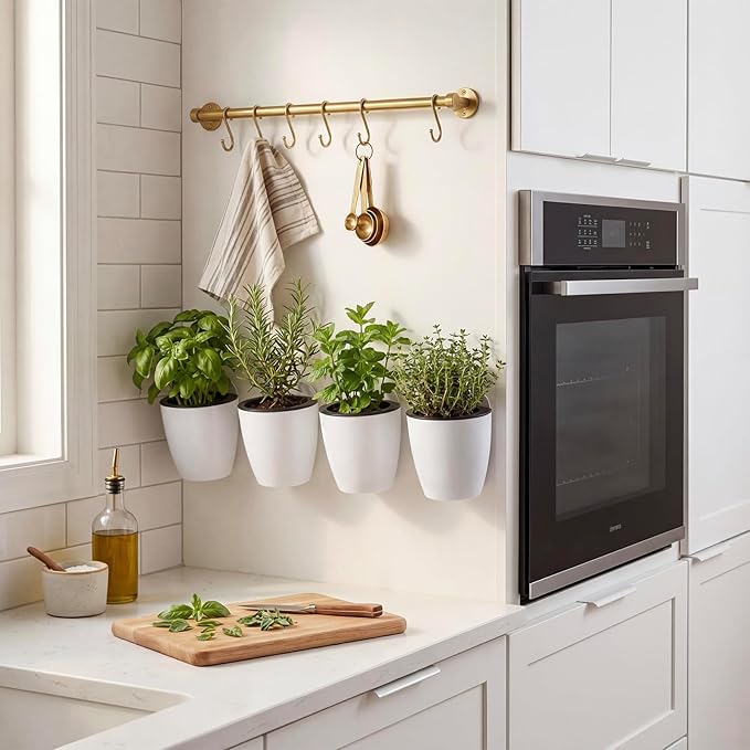 MyGift 5 Inch Wall Mounted Modern White Plastic Self Watering Planter Pots, Small Hanging Double Layer Wall Planter, Tabletop Mini Plant Container for Herb Succulent Cactus Flower, Set of 4