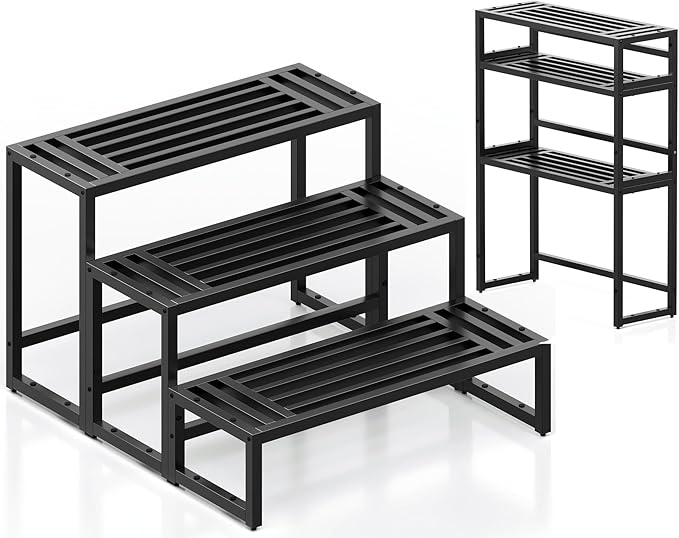 Plant Stand Indoor Outdoor,3 Tier Ladder Metal Plant Stands Riser,Heavy Duty Wrought Iron Plant Shelves for Multi Large Pots,Black Tiered Flower Display Holder for Living Room,Patio,Balcony