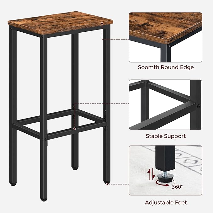 MAHANCRIS Set of 2 Bar Stools, 29.5" Tall Counter Bar Stools, Kitchen Breakfast Bar Chairs with Footrest, Rectangular Industrial Bar Chairs, for Dining Room, Rustic Brown and Black BAHR01701