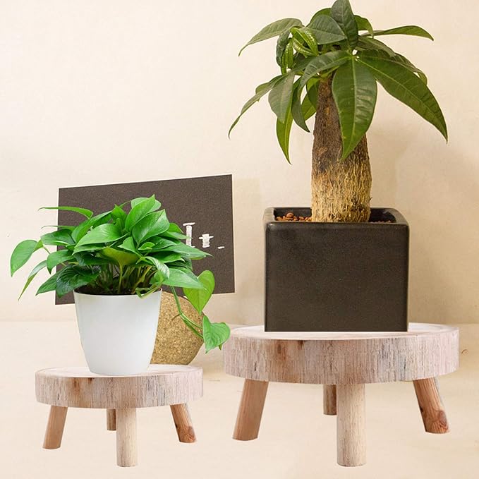 UNIE Mini Wooden Stool Round Garden Flower Display Stand Decorative Short Stool for Indoor Outdoor Office Dining Room, Natural Wood, Small, (200716LY03-4-6767-1046498581)