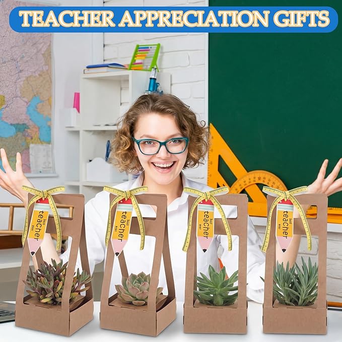 AmazingSpark 24 Pcs Teacher Appreciation Gift - Succulent Wrap Bags with Pencil Pattern Cards Bulk Kraft Paper Succulent Box for 2 Inch Pots for Teacher Graduation End of Year Gift