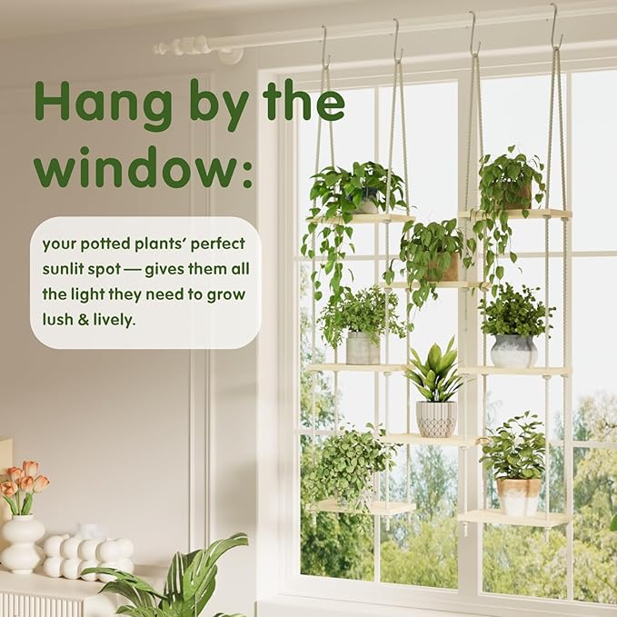 Window Plant Shelves, 8 Tier Window Sill Shelf for Plants, Macrame Hanging Plant Stand Indoor, Plant Hanger Floating Shelves, Window Plants Holder Boho Decor Living Room Bedroom Wall Decor