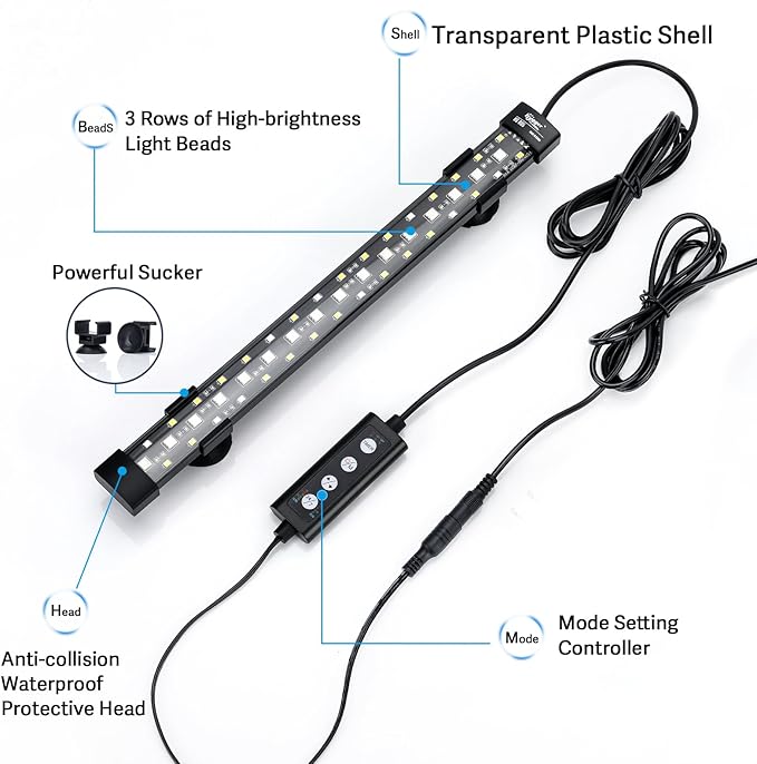 hygger 24/7 Mode Submersible Aquarium LED Light, Full Spectrum Hidden Fish Tank Light with 3 Rows Beads 7 Colors Auto On Off Sunrise-Daylight-Moonlight, Adjustable Timer Brightness