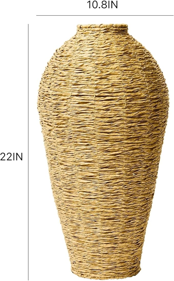Woven Faux Seagrass Floor Vase, 22 Inch Large Decorative Urn, Natural Handwoven Look Basket, Farmhouse Boho Decor for Living Room, Entryway, Office