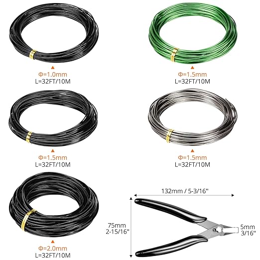QWORK Bonsai Training Wire with Wire Cutter - 5 Rolls, Total 164 Feet Aluminum Wire 1/1.5/2.0 mm