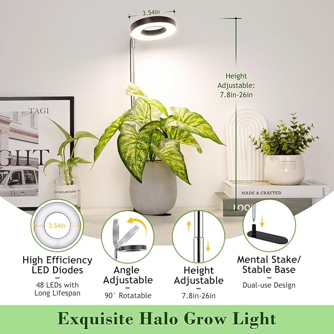 LORDEM Grow Light, 48 LEDs Plant Light for Indoor Plants, Full Spectrum Desk Grow Lamp with Automatic Timer for 4H/8H/12H, 4 Dimmable Levels, Height Adjustable 7.8"-26", Black, 2 Pack