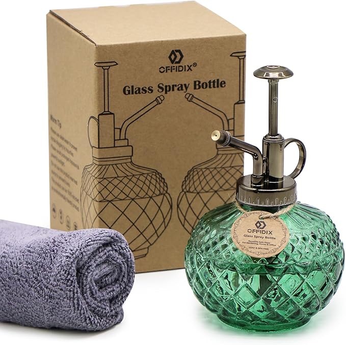 OFFIDIX Plant Mister Spray Bottle,Glass Decorative 300ML Vintage Watering Small Indoor Watering Can with Plastic Pump for Indoor Plants,Garden,Cleaning（Dark Green）