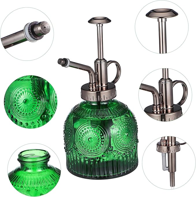 PartyKindom Embossed Glass Spray Water Bottle for Plants Green and Antique Plant Handed Garden Mister with Smooth Consistent Spray Pattern for Indoor and Outdoor Use