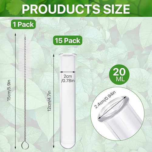 15 Pcs Clear Test Tubes for Plant Propagation Station, Acrylic Test Tubes for Scientific Experiments,20 ml Round Bottom Test Tubes for Hydroponic Flowers Home Office -0.78" Diameter