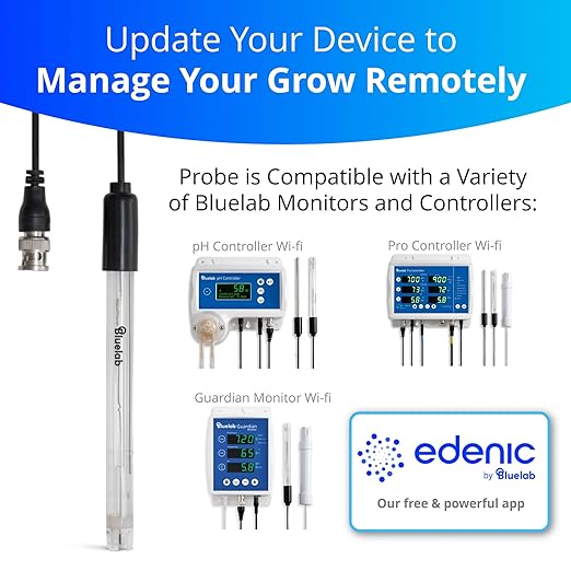 Bluelab PROBPH pH Probe for Water, Replacement Electrode for Meter, Monitor, and Controller with Easy Calibration, Tool for Hydroponic System and Indoor Plant Grow