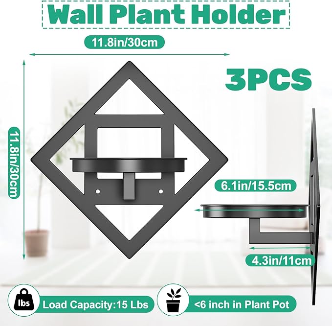 Wall Plant Holder Wall Mounted Indoor, Metal Window Plant Wall Hangers Shelf, 3Pcs Modern Floating Flower Display Hanging Plant Stand for Outdoor Kitchen Bathroom Decor