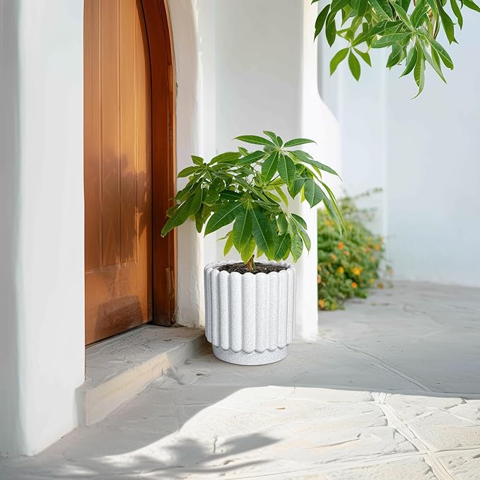 Ceramicfor Ceramic Plant Pots - 9.6 Inch Ceramic Planters with Drainage Hole, Round Flower Pots for Indoor Plants, Modern Fluted Large Planter Outdoor, Home Room Decor, Gardening Gifts, White