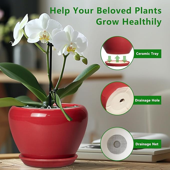 Ceramicfor 10 Inch Plant Pot - Ceramic Planter for Indoor Outdoor Plants, Glaze Modern Round Planter with Drainage Hole and Saucer, Gifts for Plant Lovers, Home Room Garden Decor, Red