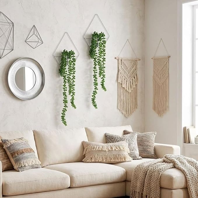 Canlierr 2 Pieces Wall Decor Hanging Planters with Artificial Plants Metal Hanging Vase Indoor Plants Holder Modern Boho Wall Art for Bathroom Bedroom Living Room Decor, Silver, Succulents