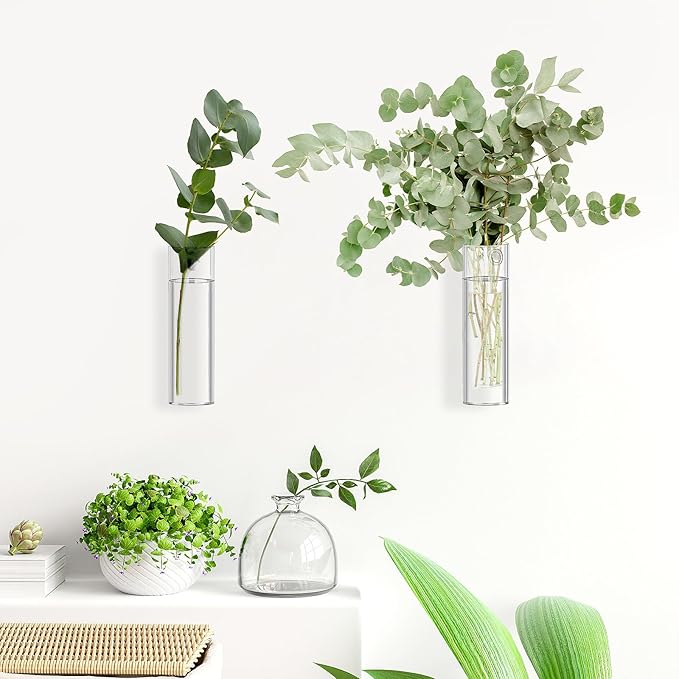 2 Pack Wall Mounted Glass Vase Set with Hooks High Borosilicate Transparent Hanging Flower Vase for Home Decor Dining Table