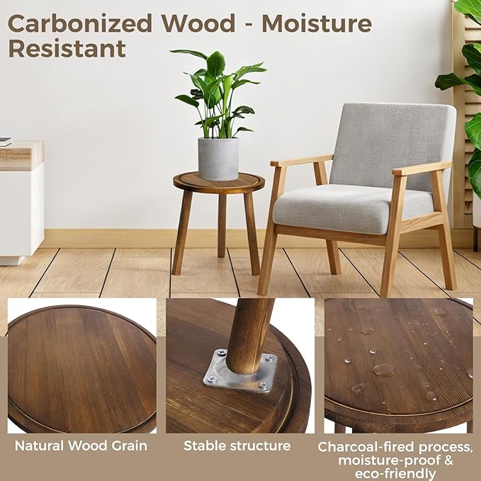Janedream 3-Pack Wooden Plant Stands, Small Indoor Plant Stool Set, Round Wood Flower Pot Holders for Corner Display, Living Room, Balcony & Office
