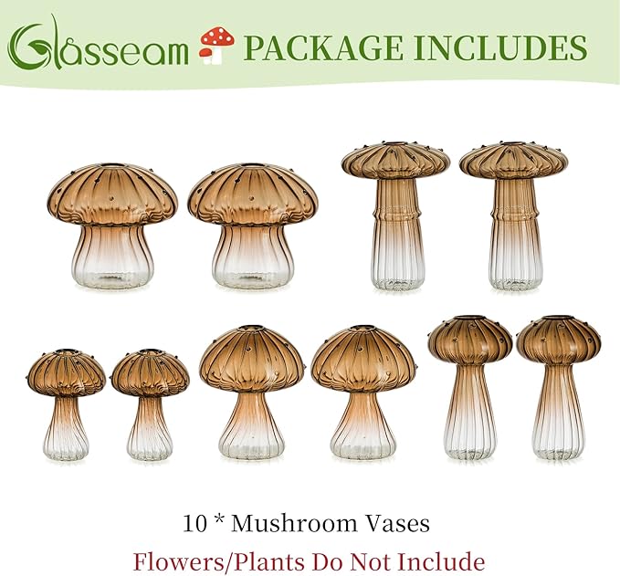 Glasseam Amber Glass Mushroom Vase: Cute Small Flower Vase Set of 10 Unique Mini Bud Vases for Centerpieces Decorative Vases for Flowers Funky Plant Vase Decor