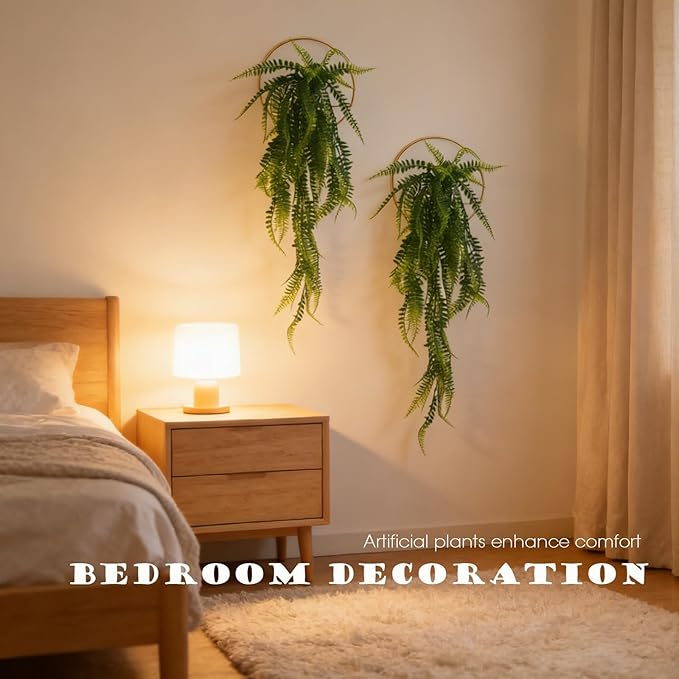 GREENTIME 2 Pack Fake Plants Hanging Artificial Ivy Vine with Gold Round Metal Hanging Vase Faux Hanging Boston Fern for Teacher Appreciation Living Room Bedroom Boho Kitche Wall Shelf Outdoor