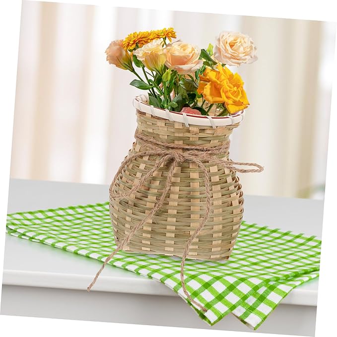 Zerodeko 1pc Bamboo Basket Seagrass Basket Woven Baskets Rustic Wicker Vase Rattan Plant Container Round Storage Basket French Bucket Vase Basket for Fruit Woven Flower Container Fruit Vase