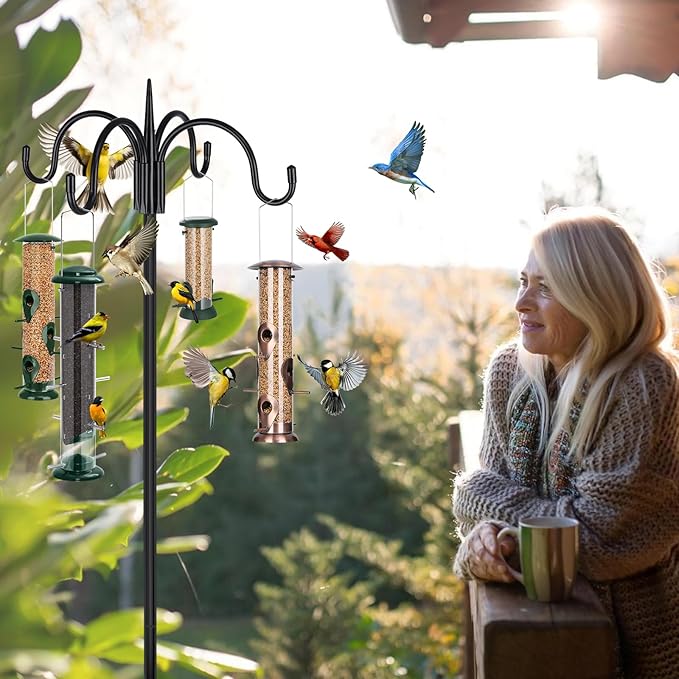 FEED GARDEN 92 Inch Four Shepherd Hooks for Outdoor,Bird Feeder Pole with 5 Prong Base, Adjustable Shepard Hooks for Hanging Plant, Solar Lanterns, Wind Chimes, 2 Pack