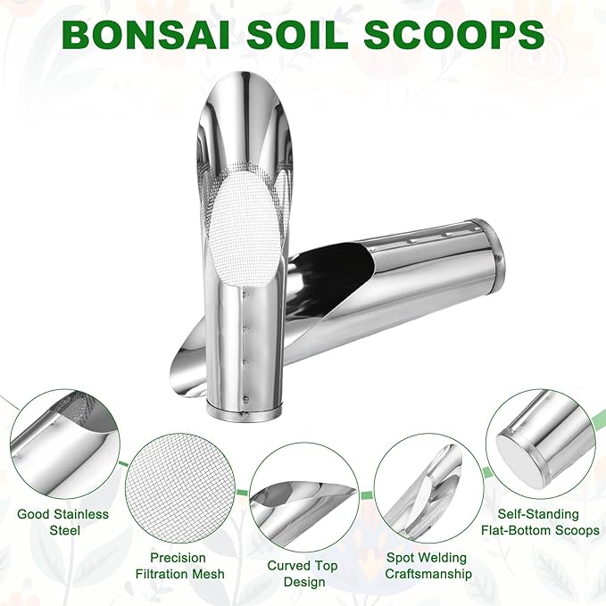 M METERXITY 1-Set Bonsai Soil Scoops, 2inch/5cm Stainless Steel Garden Soil Scoop Bucket Shovels and Soil Sifter for Transplanting/Flower Planting, Small Gardening Tools [Silver Tone]