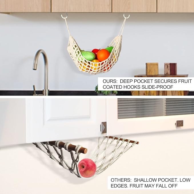 Fruit Hammock Under Cabinet with Hooks, Macrame Hanging Fruit Basket for Kitchen, Produce Hammock Banana Hanger, Boho Fruit and Veggie Storage Net, Space Saving Kitchen Organizer.