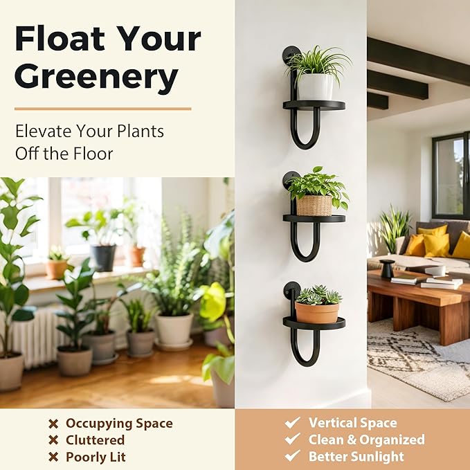 Wall Plant Holders for Indoor Plants, 3 Pack Metal Wall Mounted Plant Shelves，Modern Window Plant Hanger, Space Saving Hanging Planters for Living Room Bedroom Kitchen Bathroom Office Decor, Black