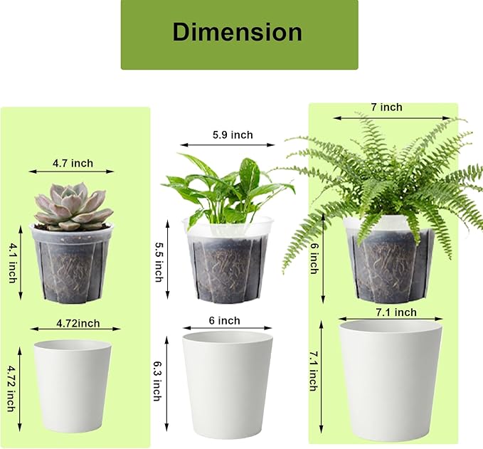 4 Pack of 7 and 5" Double-Layer Self-Watering Pot with Clear Nursery Pot - Indoor Planter with Drainage for Root Visibility,semi Hydro pots for repotting Orchids,Aroid or Monstera,White